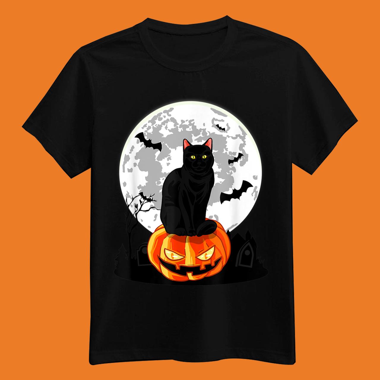 Black Cat On Pumpkin T-Shirt – Full Moon Halloween Costume