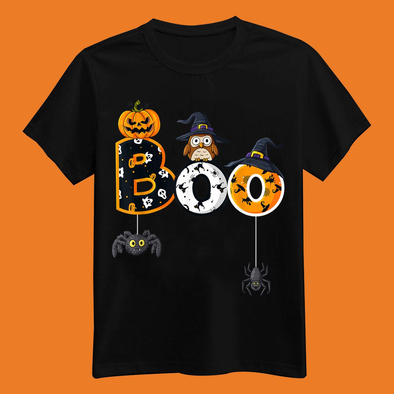 Halloween Boo Owl With Witch Hat Spiders Boys Girls Kids T-Shirt