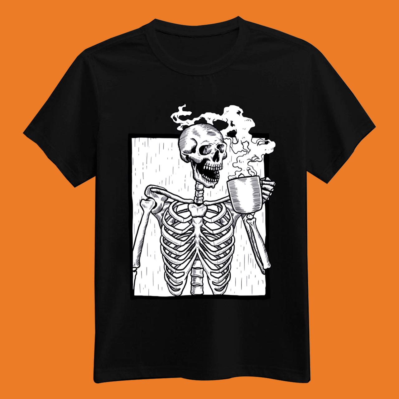 Halloween Coffee Drinking Skeleton Skull T-Shirt