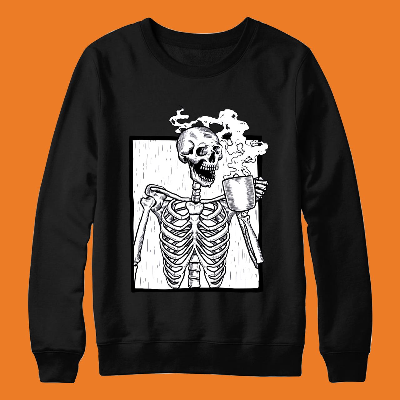 Halloween Coffee Drinking Skeleton Skull T-Shirt