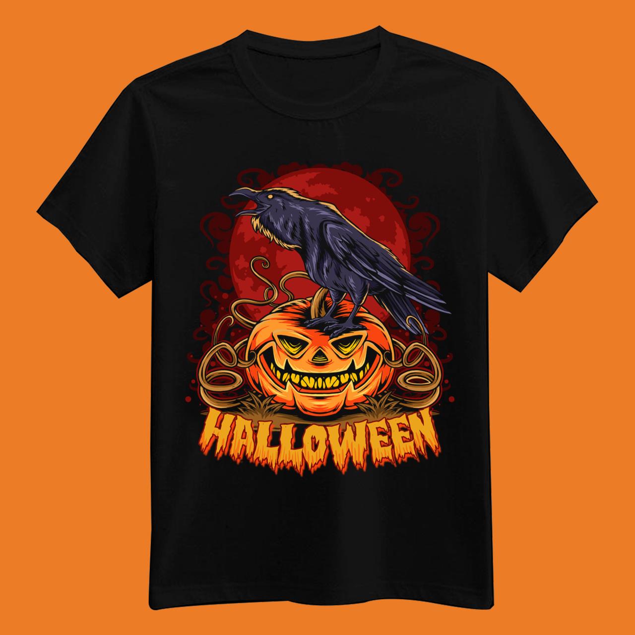 Halloween Crow On Halloween Pumpkin On Full Moon Shirt