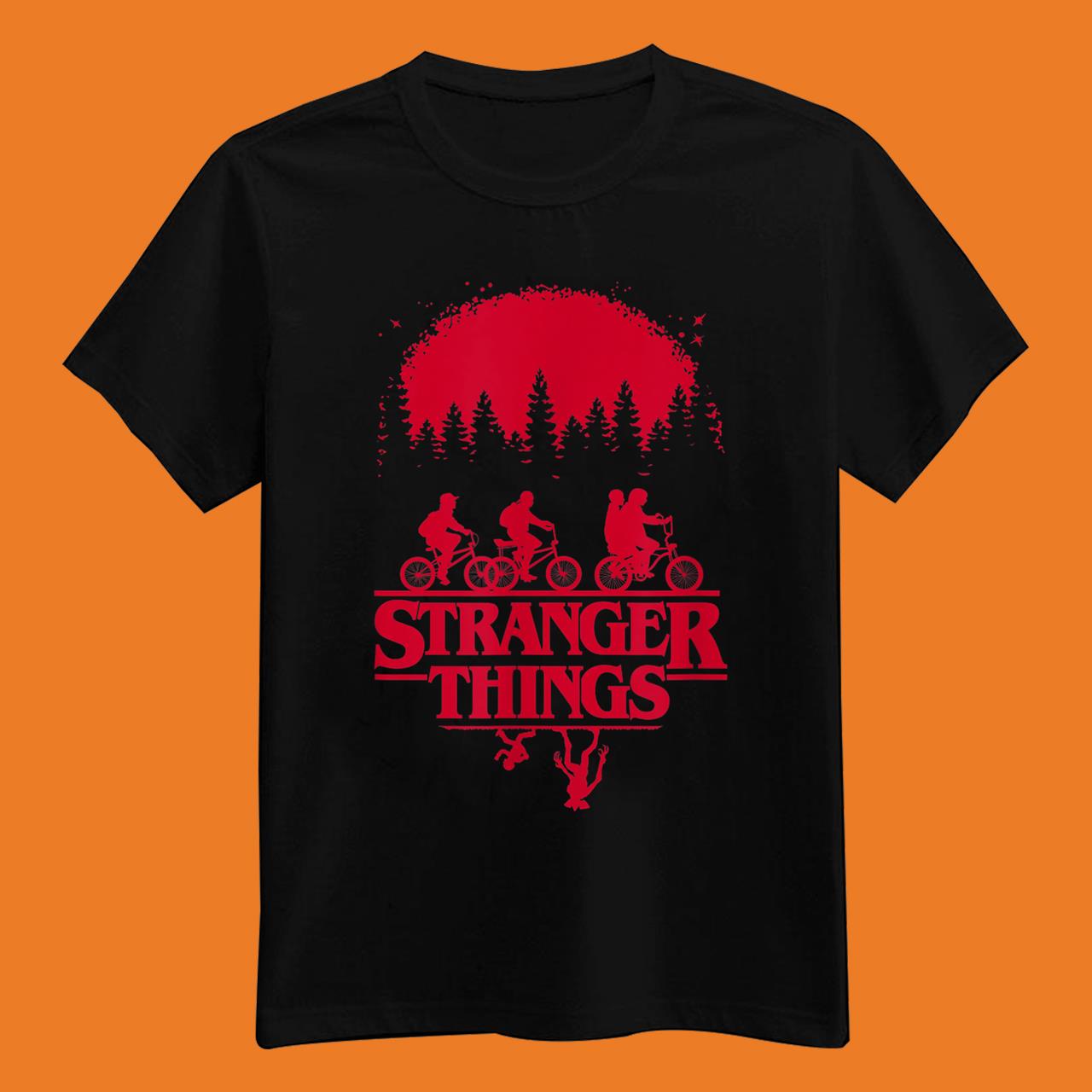 Stranger Things Group Shot Bike Ride Upside Down Silhouette T-Shirt
