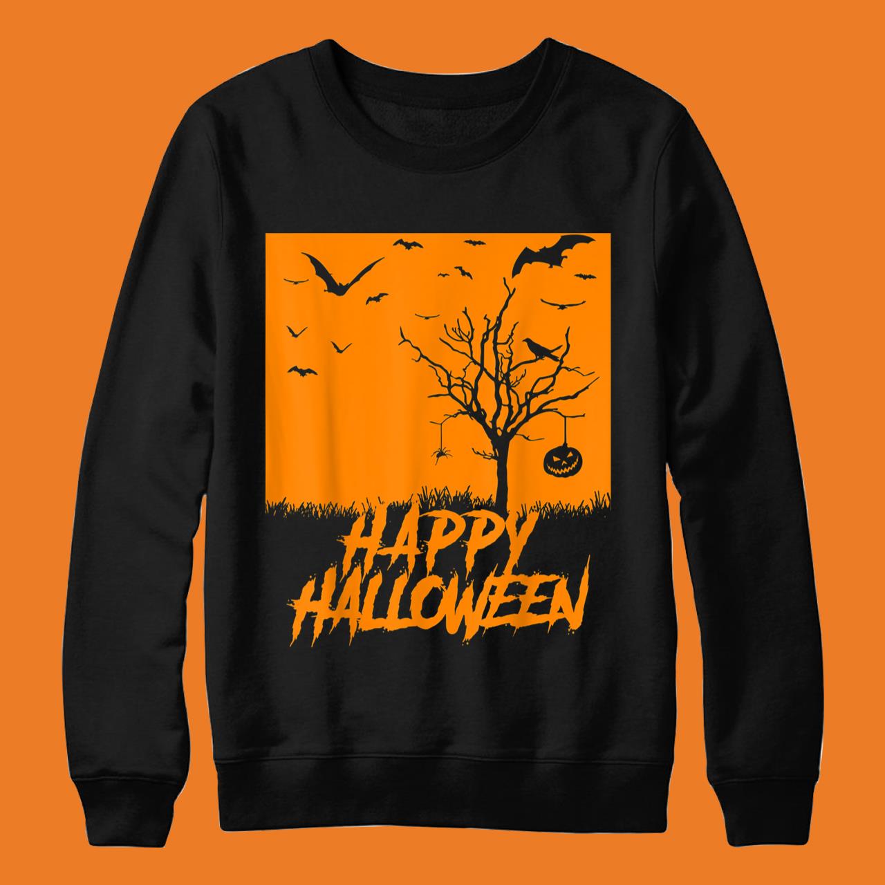 Happy Halloween Bats Pumpkin Spooky Scene Crows Spider T-Shirt