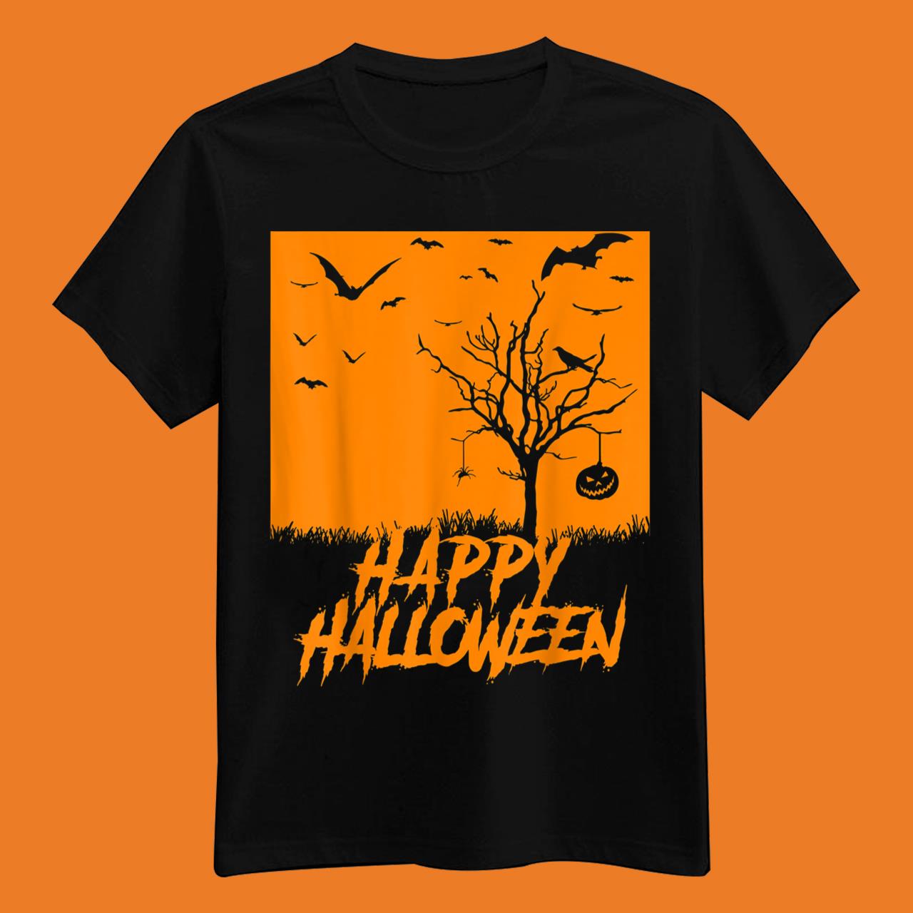 Happy Halloween Bats Pumpkin Spooky Scene Crows Spider T-Shirt