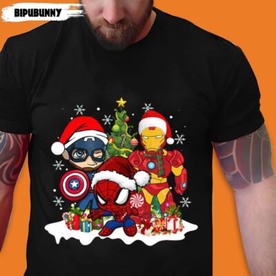 Marvel Christmas Avengers Captain America Ironman Spider Man Christmas T-Shirt