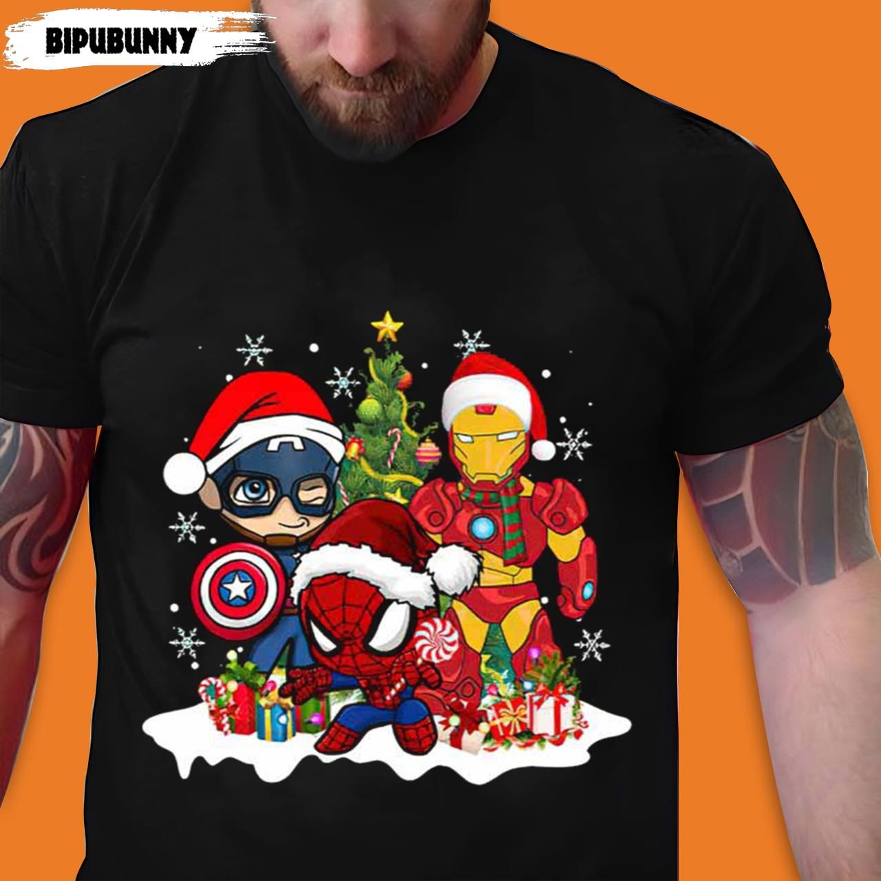 BipuBunny Avengers Christmas Shirt Christmas Captain Spider Man T- America - Marvel Store Ironman