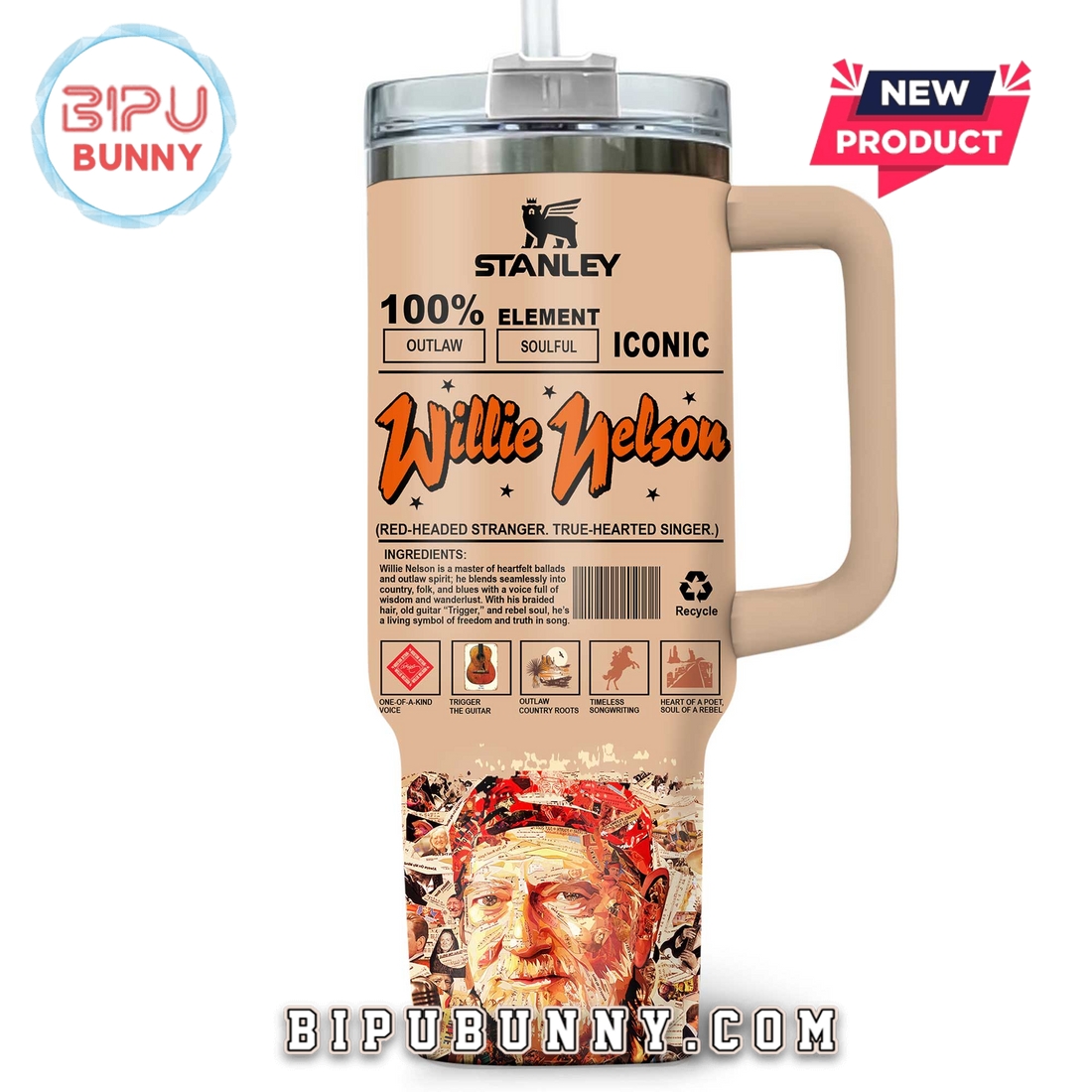 Premium Willie Nelson Stanley Tumbler Cup Premium Willie Nelson Stanley Tumbler Cup