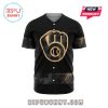 Front of black Brewers baseball jersey with large gold glove logo.