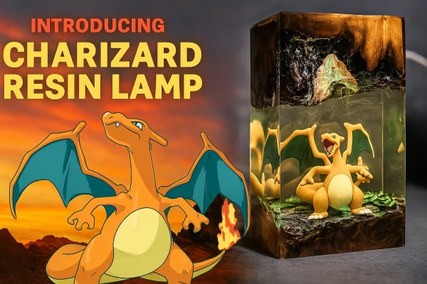 charizard pokemon resin lamp with RGB lights and epoxy wood base