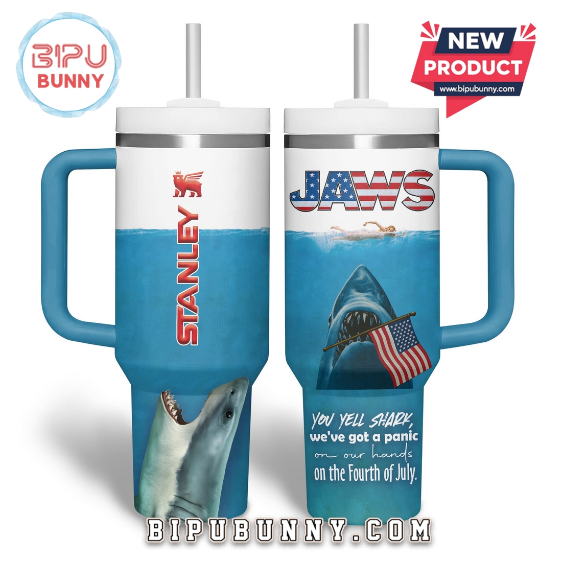 Premium Jaws Happy 4th Of July Stanley Cup Premium Jaws Happy 4th Of July Stanley Cup