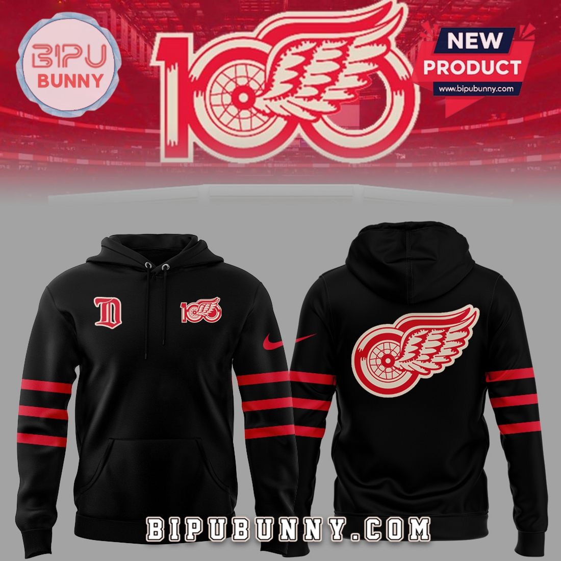 Red Wing Hockey Centennial Black Hoodie 2025 Red Wing Hockey Centennial Black Hoodie 2025