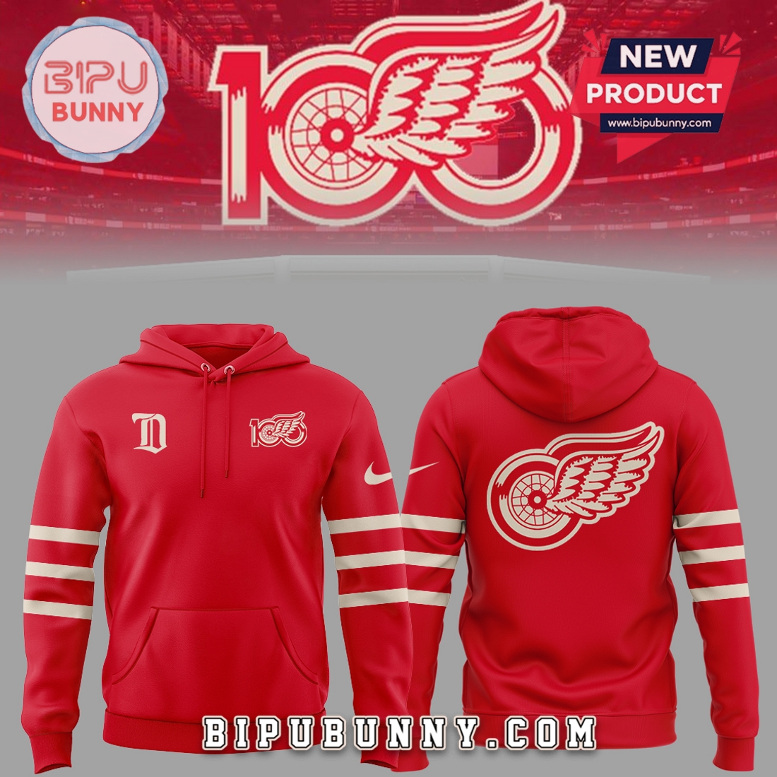 Red Wing Hockey Centennial Red Hoodie 2025 Red Wing Hockey Centennial Red Hoodie 2025