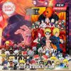 Naruto action figures collection with characters from the anime Naruto displayed in front of a vibrant backdrop!