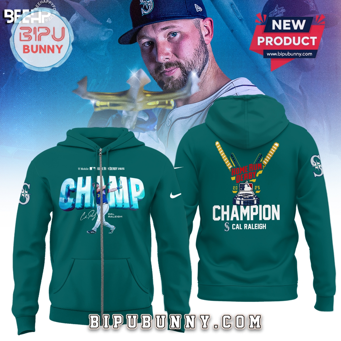 Cal Raleigh Seattle Mariners 2025 Home Run Derby Green Hoodie Cal Raleigh Seattle Mariners 2025 Home Run Derby Green Hoodie