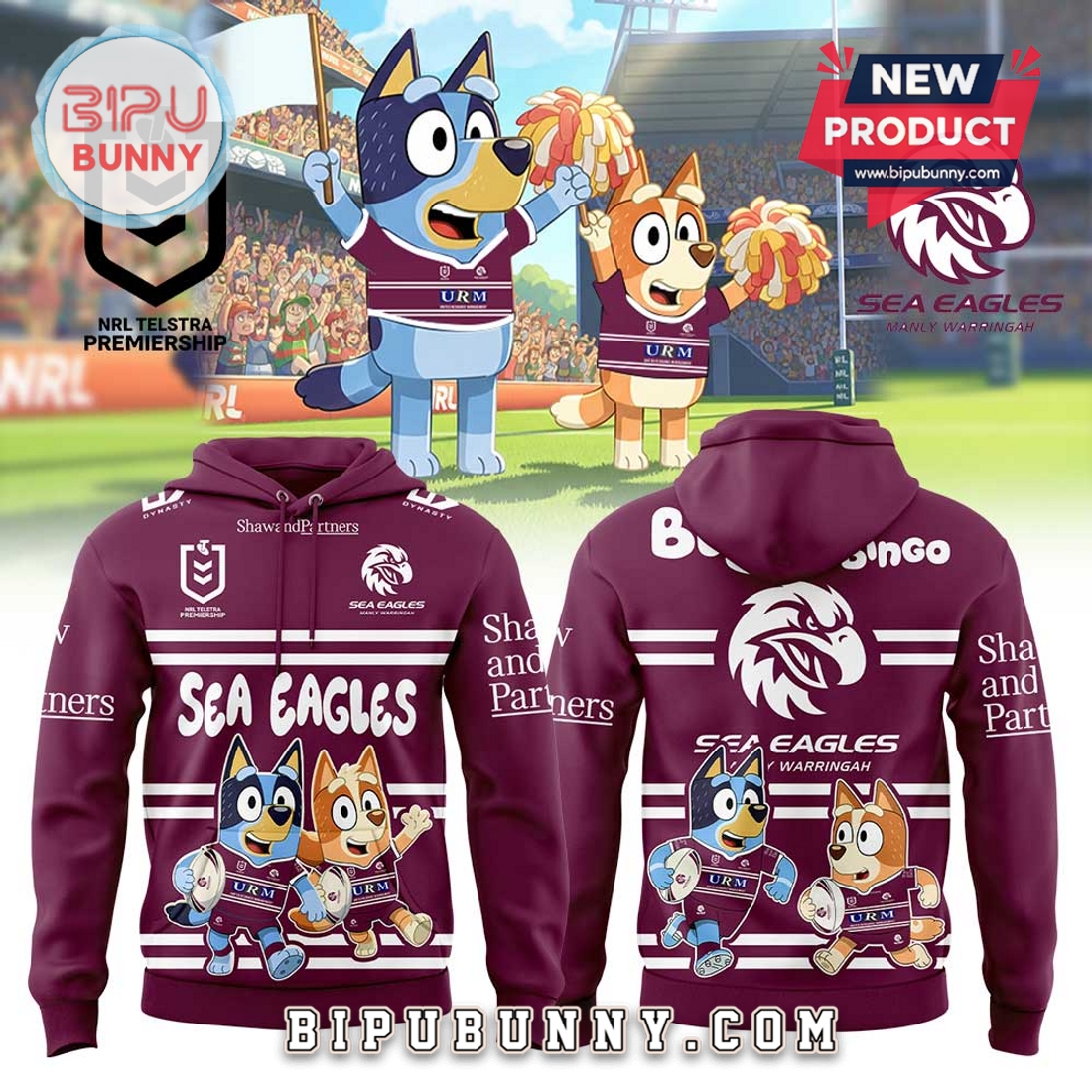 Manly Sea Eagles NRL x Bluey and Bingo Hoodie Manly Sea Eagles NRL x Bluey and Bingo Hoodie