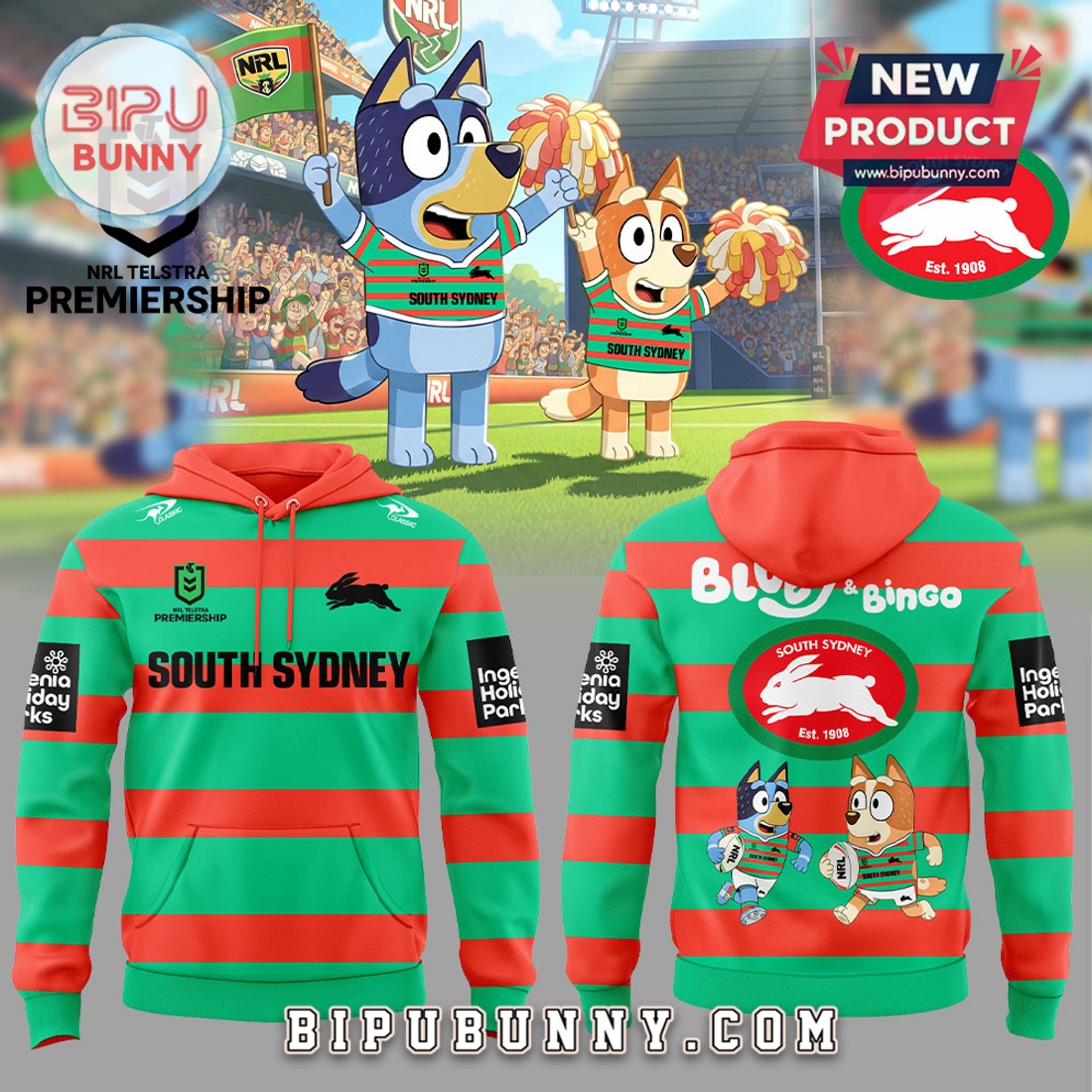 South Sydney Rabbitohs NRL x Bluey and Bingo Hoodie South Sydney Rabbitohs NRL x Bluey and Bingo Hoodie