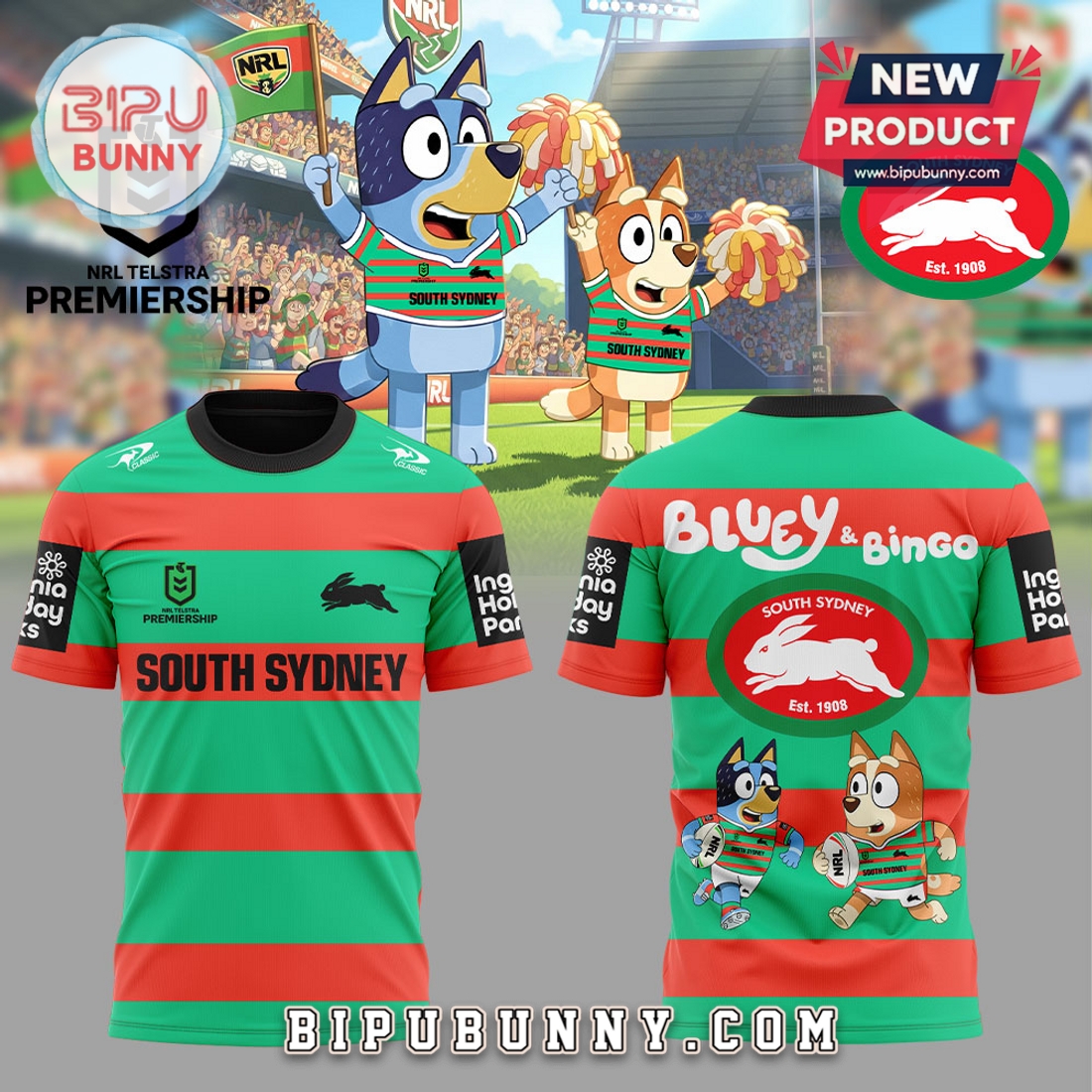 South Sydney Rabbitohs NRL x Bluey and Bingo Hoodie South Sydney Rabbitohs NRL x Bluey and Bingo Hoodie
