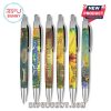 Six Stick Figure-themed premium gel pens with colorful island and music-themed prints.
