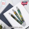 Three Stick Figure gel pens placed on a white notebook, showcasing vibrant tropical prints.