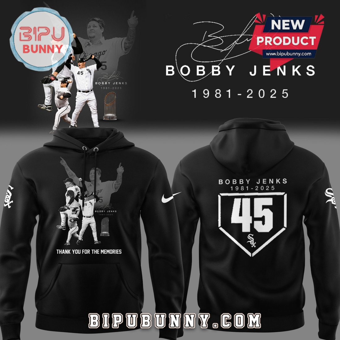 White Sox Baseball R.I.P Booby Jenks 45 Black Hoodie White Sox Baseball R.I.P Booby Jenks 45 Black Hoodie