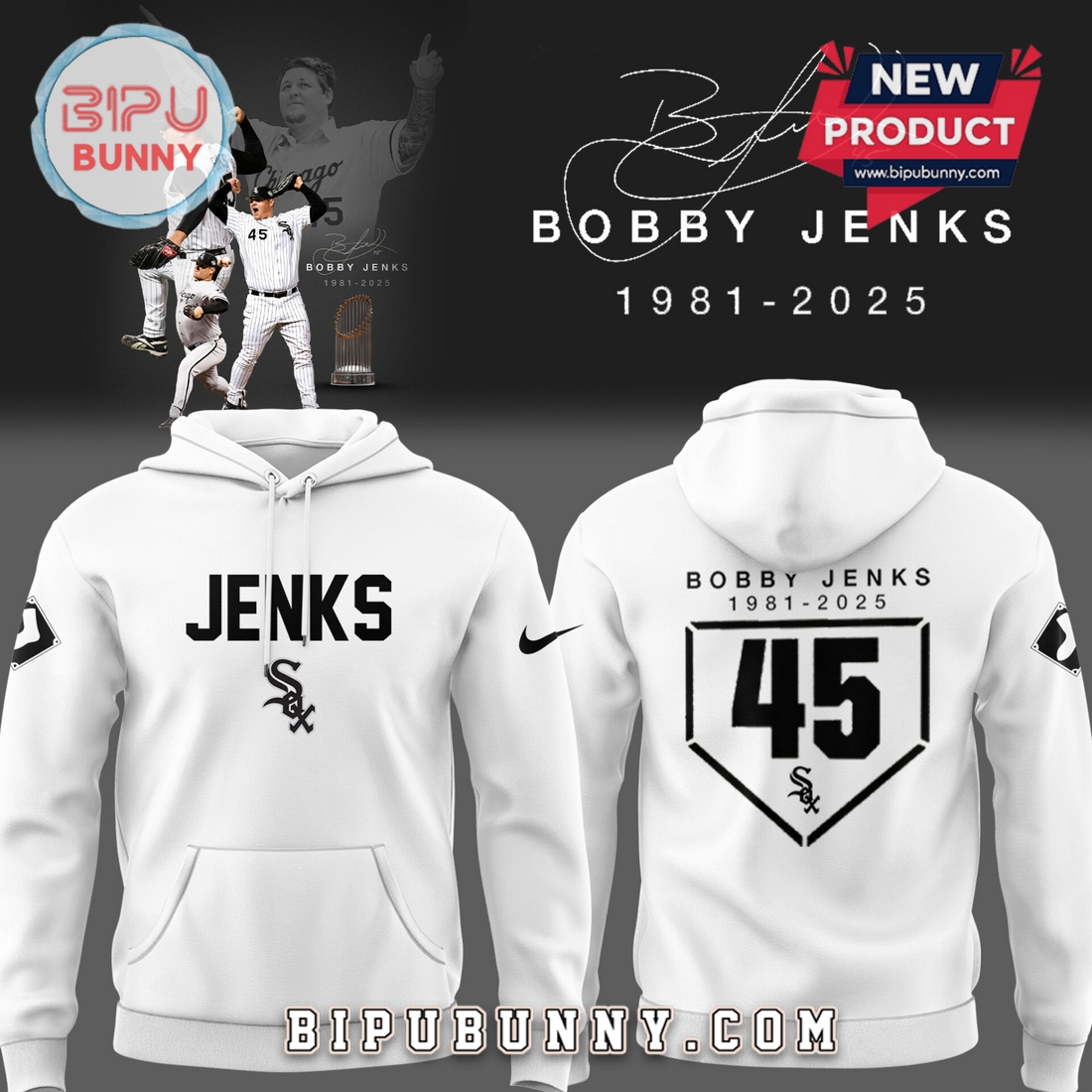 White Sox Baseball R.I.P Booby Jenks 45 White Hoodie White Sox Baseball R.I.P Booby Jenks 45 White Hoodie