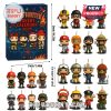 A firefighter-themed Advent calendar with various firefighter figurines, including Smokey the Bear.