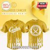Front and back of Cubs 2025 Childhood Cancer Awareness jersey in gold and white.