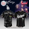 Dodgers x Pink Floyd jersey in black with rainbow sleeves and band artwork.