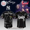 Yankees x Pink Floyd black jersey with prism and rainbow trim.