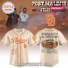 Front and back of Padres jersey for Post Malone tour featuring full date list and graphics.