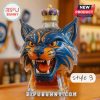 A blue cat head bottle crowned with a royal design, combining fierce and regal features.