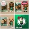 Funko Pop figures of Jaylen Brown, Jayson Tatum, and Derrick White with Celtics logo and packaging.