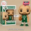 Derrick White Funko Pop figure bald with beard in green Celtics jersey holding basketball beside box.
