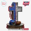 Bright Buffalo Bills themed Christian cross with football helmet and flag.