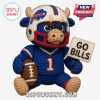 Crocheted bull plushie in a football uniform.