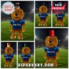 Golden lion Chelsea mascot bottles with various cap styles displayed on a football field.