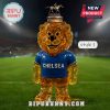 Golden lion Chelsea mascot bottle with horse and rider statue cap on football field.