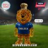 Golden lion Chelsea mascot bottle with crown-shaped cap on football field.