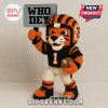 Crocheted Bengals tiger doll holding a Who Dey sign and a football.