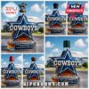 A collection of Dallas Cowboys whiskey bottles with star-shaped designs and various cap styles.