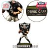 Derek Carr collectible with blurred home background and Raiders logo.