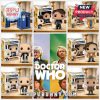 A collection of Doctor Who Funko Pop figures featuring the TARDIS, Tenth Doctor, Eleventh Doctor, and First Doctor.
