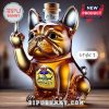 A clear golden bulldog whiskey bottle with a Jack Royal Whiskey label making a middle finger gesture!