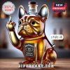 A clear golden bulldog whiskey bottle with a Jack Daniel's label making a middle finger gesture!