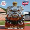 Bulldog-shaped liquor bottle with a golden crown cap on a sports field background.