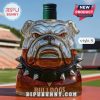 Bulldog-shaped liquor bottle with a green cylindrical cap in an outdoor stadium setting.