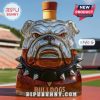 Bulldog-shaped liquor bottle with a wooden cap on a stadium background.