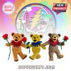 Three colorful crochet bears holding roses with psychedelic San Francisco artwork in the background.