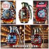 Grenade shaped liquor bottles with U.S. military logos including Army, Navy, Air Force, Marines, and Coast Guard.