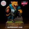 Jacksonville Jaguars mascot standee with dramatic black background.